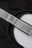 Black Sexy Solid Hollowed Out Patchwork Slit Hot Drill Half A Turtleneck Evening Dress Dresses