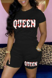 Red Casual Letter Print Basic O Neck Short Sleeve Two Pieces
