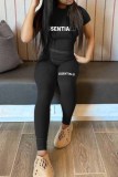 Black Street Print Letter O Neck Short Sleeve Two Pieces