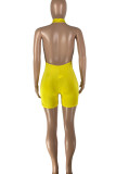 Yellow Sexy Print Patchwork Halter Skinny Rompers