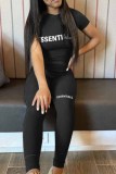 Black Street Print Letter O Neck Short Sleeve Two Pieces