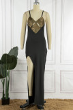 Black Sexy Patchwork Hollowed Out Backless Slit Spaghetti Strap Long Dress Dresses