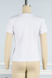White Casual Print Patchwork O Neck T-Shirts