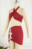 Red Sexy Solid Bandage Hollowed Out Patchwork Halter Sleeveless Two Pieces