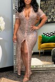 Champagne Sexy Patchwork Sequins Slit Turndown Collar Short Sleeve Dress Dresses