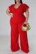 Red Casual Solid Basic V Neck Plus Size Jumpsuits