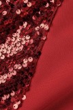 Red Casual Patchwork Sequins V Neck Long Sleeve Dresses