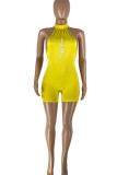 Yellow Sexy Print Patchwork Halter Skinny Rompers
