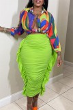 Green Casual Solid Patchwork Fold Skinny High Waist Conventional Solid Color Skirts