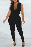 Black Casual Solid Basic Zipper Collar Skinny Jumpsuits