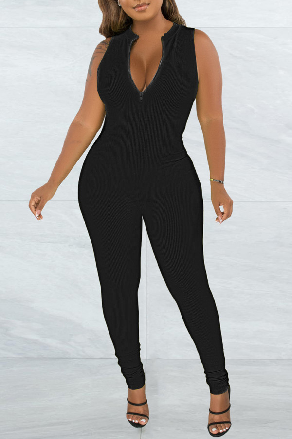 Black Casual Solid Basic Zipper Collar Skinny Jumpsuits