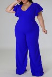 Red Casual Solid Basic V Neck Plus Size Jumpsuits