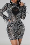 Black Sexy Patchwork Hot Drilling See-through Half A Turtleneck Long Sleeve Dresses