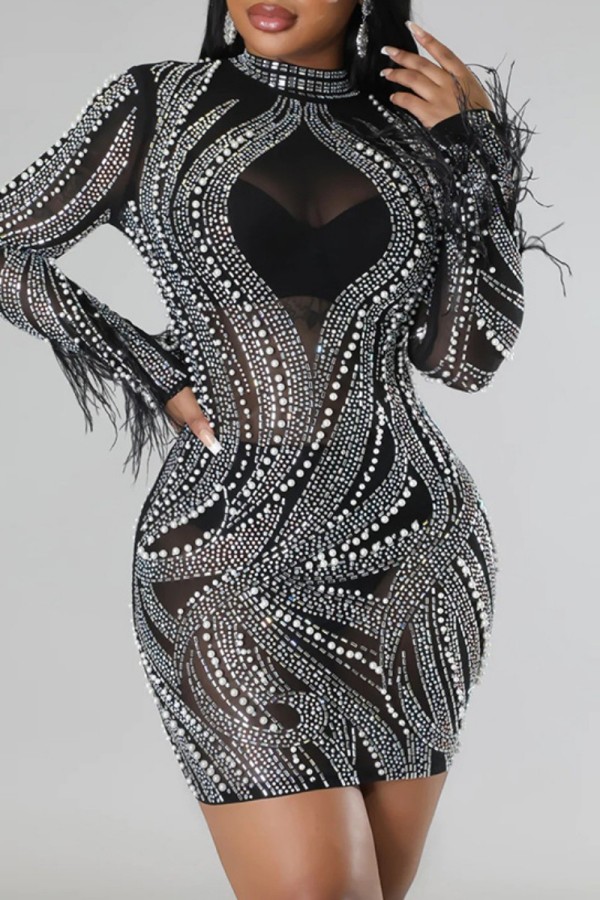 Black Sexy Patchwork Hot Drilling See-through Half A Turtleneck Long Sleeve Dresses