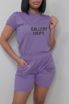 Purple Casual Letter Print Basic O Neck Short Sleeve Two Pieces