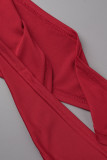 Red Sexy Solid Bandage Hollowed Out Patchwork Halter Sleeveless Two Pieces