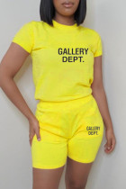 Yellow Casual Letter Print Basic O Neck Short Sleeve Two Pieces