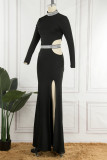 Black Sexy Solid Hollowed Out Patchwork Slit Hot Drill Half A Turtleneck Evening Dress Dresses