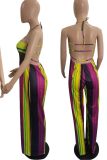 Yellow Street Striped Draw String Halter Plus Size Jumpsuits