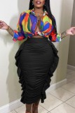 Green Casual Solid Patchwork Fold Skinny High Waist Conventional Solid Color Skirts