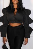 Black Casual Solid Patchwork O Neck Tops