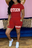 Red Casual Letter Print Basic O Neck Short Sleeve Two Pieces