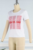 White Casual Print Patchwork O Neck T-Shirts