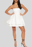 White Sexy Solid Bandage Patchwork Strapless A Line Dresses
