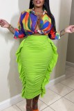 Green Casual Solid Patchwork Fold Skinny High Waist Conventional Solid Color Skirts