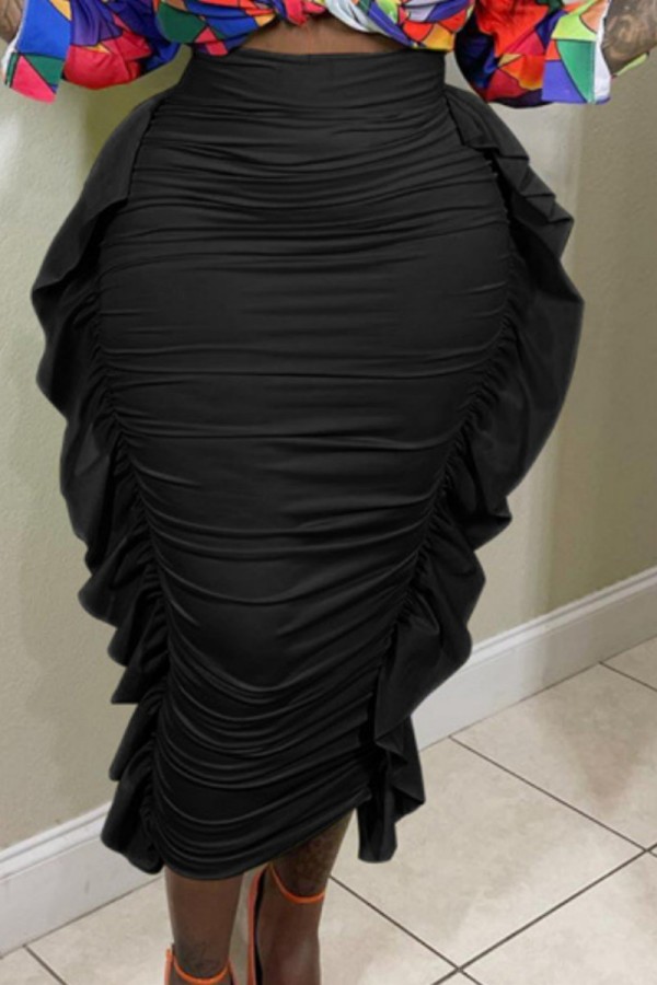 Black Casual Solid Patchwork Fold Skinny High Waist Conventional Solid Color Skirts