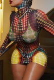 Brown Sexy Print Basic Turtleneck Long Sleeve Two Pieces