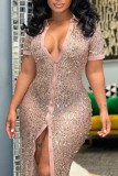 Champagne Sexy Patchwork Sequins Slit Turndown Collar Short Sleeve Dress Dresses