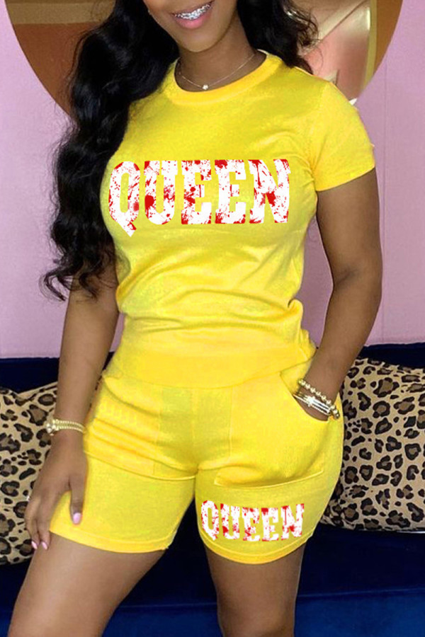 Yellow Casual Letter Print Basic O Neck Short Sleeve Two Pieces