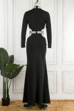 Black Sexy Solid Hollowed Out Patchwork Slit Hot Drill Half A Turtleneck Evening Dress Dresses
