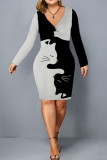 Grey Black Casual Print Patchwork V Neck One Step Skirt Dresses