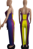 Yellow Casual Striped Patchwork Spaghetti Strap Plus Size Jumpsuits