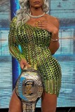 Green Sexy Solid Hollowed Out See-through Oblique Collar Long Sleeve Dresses
