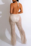 White Sexy Patchwork Tassel Bandage Backless Halter Regular Jumpsuits
