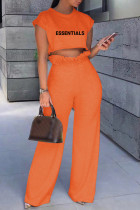 Orange Casual Letter Print Basic O Neck Two Pieces