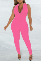 Pink Casual Solid Basic Zipper Collar Skinny Jumpsuits