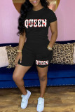 Red Casual Letter Print Basic O Neck Short Sleeve Two Pieces