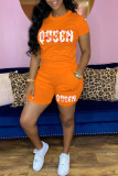 Red Casual Letter Print Basic O Neck Short Sleeve Two Pieces