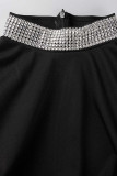 Black Sexy Solid Hollowed Out Patchwork Slit Hot Drill Half A Turtleneck Evening Dress Dresses