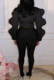 Black Casual Solid Patchwork O Neck Tops