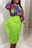 Green Casual Solid Patchwork Fold Skinny High Waist Conventional Solid Color Skirts