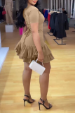 Khaki Sexy Casual Solid Flounce O Neck Cake Skirt Dresses