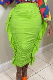 Green Casual Solid Patchwork Fold Skinny High Waist Conventional Solid Color Skirts