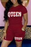 Red Casual Letter Print Basic O Neck Short Sleeve Two Pieces