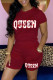 Burgundy Casual Letter Print Basic O Neck Short Sleeve Two Pieces