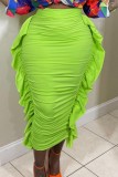 Green Casual Solid Patchwork Fold Skinny High Waist Conventional Solid Color Skirts